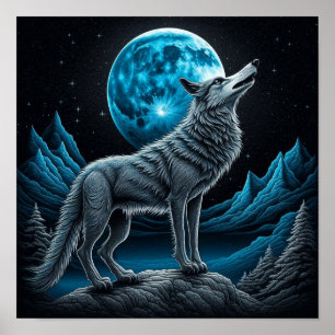 Wolf Standing in Front of the Full Moon   AI art Poster