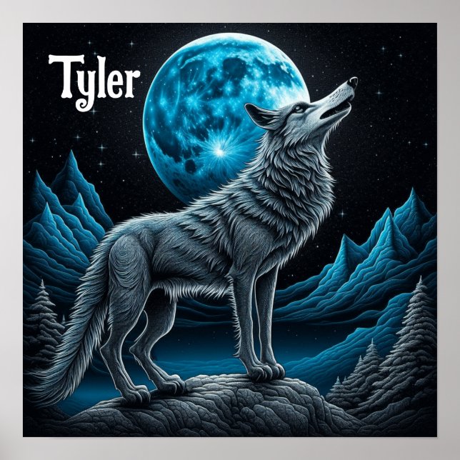 Wolf Standing in Front of the Full Moon | AI art Poster (Front)