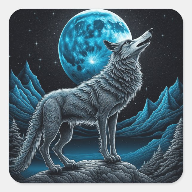 Wolf Standing in Front of the Full Moon | AI art Square Sticker (Front)