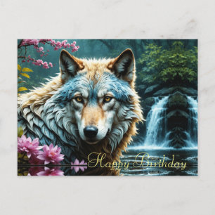 Wolf Standing in river with flowers Birthday Postcard