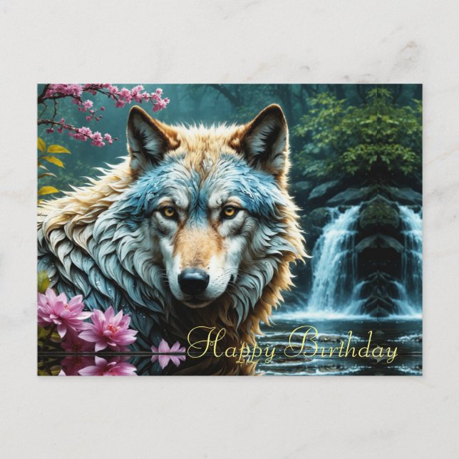 Wolf Standing in river with flowers Birthday Postcard (Front)