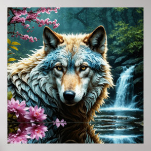 Wolf Standing in river with flowers Birthday Poster