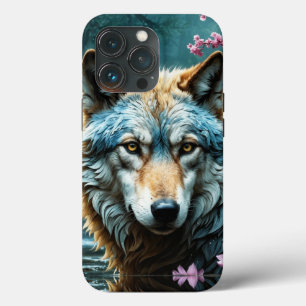 Wolf Standing in river with flowers iPhone 13 Pro Case