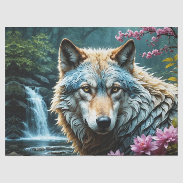Wolf Standing in river with flowers Tissue Paper (Front)