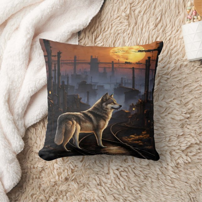 Wolf Standing Proud on Train Tracks at Dusk Cushion (Blanket)