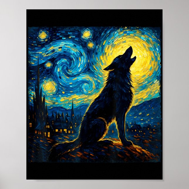 Wolf Starry Night Howling Moon Funny Gifts For Men Poster (Front)