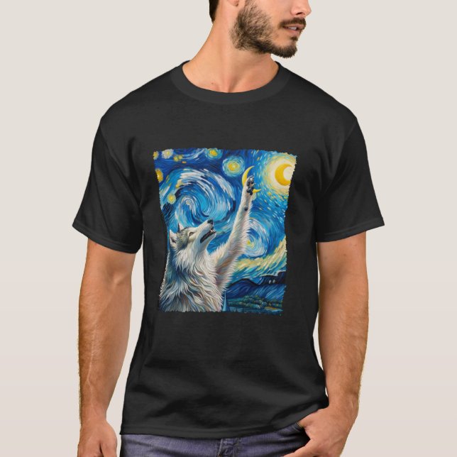 Wolf Starry Night Wilderness Howling Moons Van Gog T-Shirt (Front)