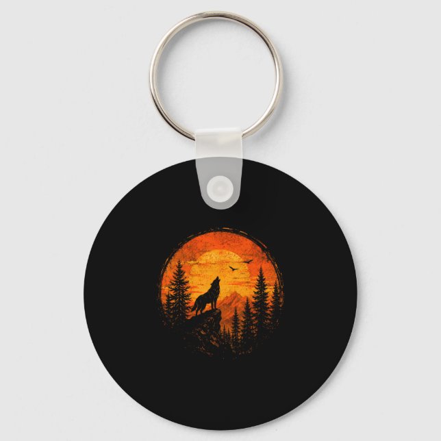 Wolf sunset mountain forest wilderness nature key ring (Front)