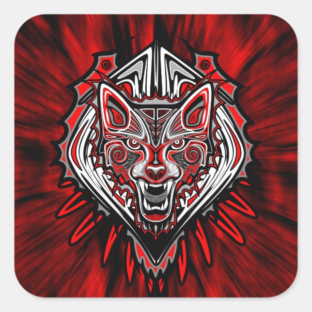 Wolf Tattoo Style Haida Art Square Stickers Glossy (Front)