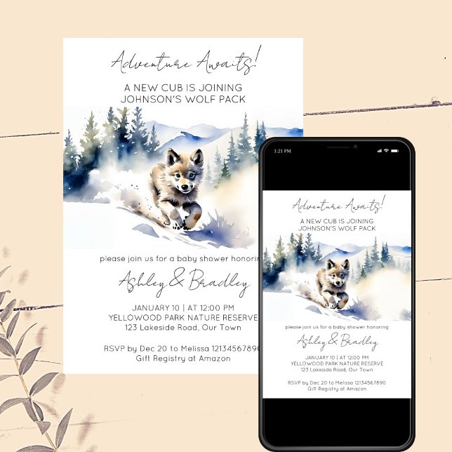 Wolf themed adventure awaits baby shower invitation (Adventure awaits  wolf winter woodlands themed baby shower editable template invitation download)