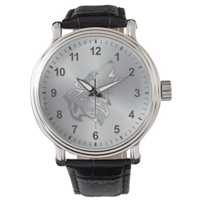 Wolf Tribal  Embossed Effect Silver Numbers Watch (Front)