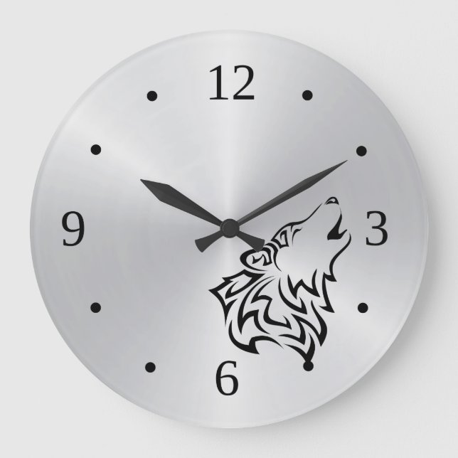 Wolf Tribal Tattoo Vector Silver Black Large Clock (Front)