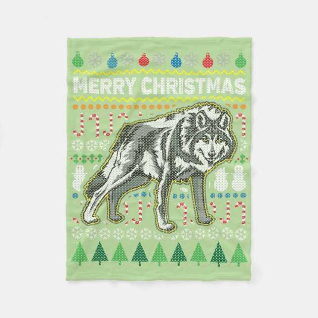 Wolf Ugly Christmas Sweater Wildlife Series Fleece Blanket (Front)
