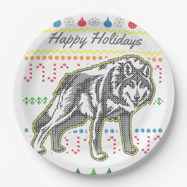 Wolf Ugly Christmas Sweater Wildlife Series Paper Plate (Front)