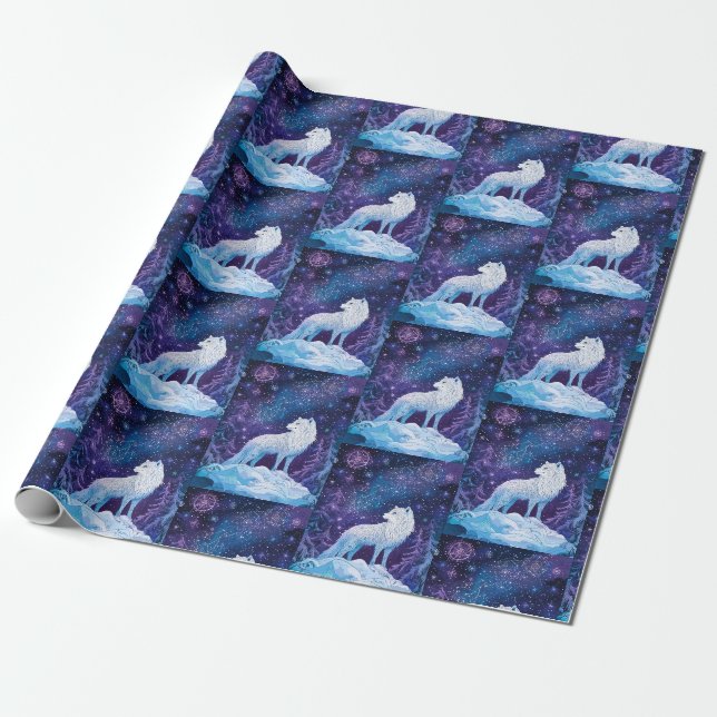wolf under magical starry sky wrapping paper (Unrolled)