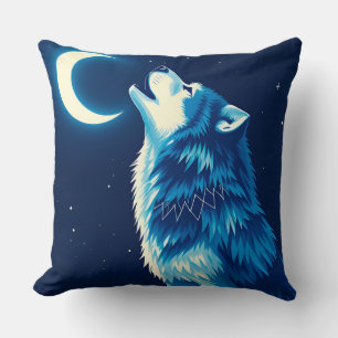 Wolf Under the Crescent Moon at Night Cushion