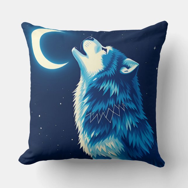 Wolf Under the Crescent Moon at Night Cushion (Front)