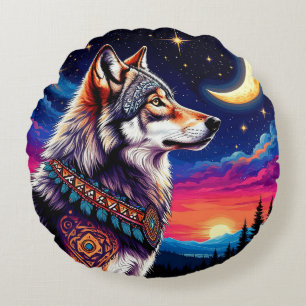 Wolf Under the Crescent Moon at Night Round Cushion