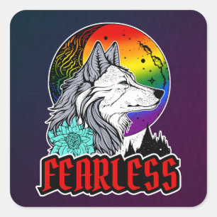 Wolf Under The Moon in Rainbow Flag Colours Square Sticker