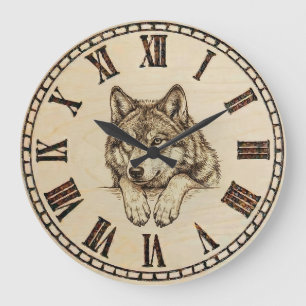 Wolf Wall Clock – Wood-Burned Style