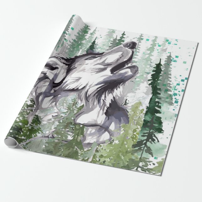 Wolf Watercolor | Colourful Wolf Wrapping Paper (Unrolled)