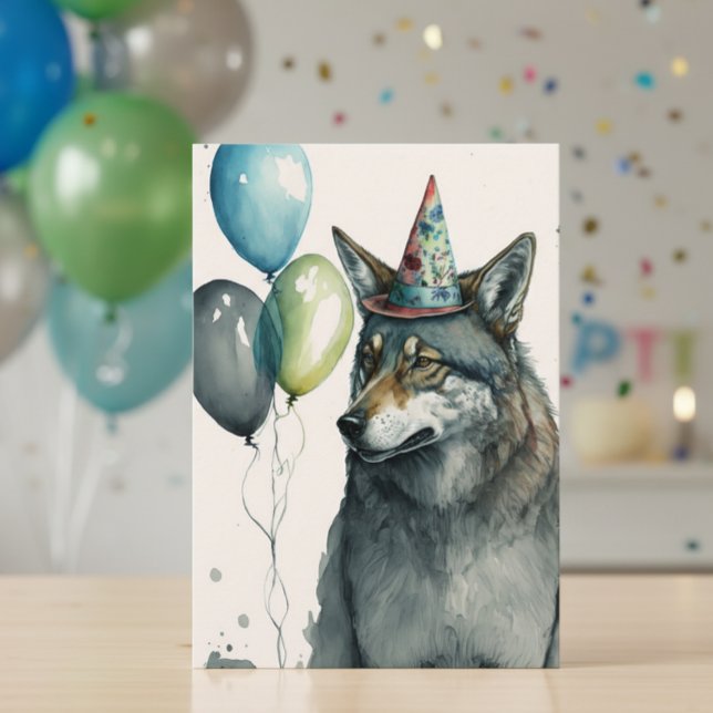 Wolf Watercolor with Balloons Birthday Card (Creator Uploaded)
