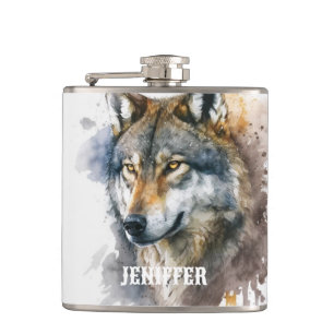 Wolf Watercolour Painting                          Hip Flask
