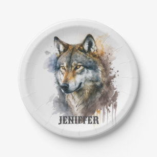 Wolf Watercolour Painting Paper Plate