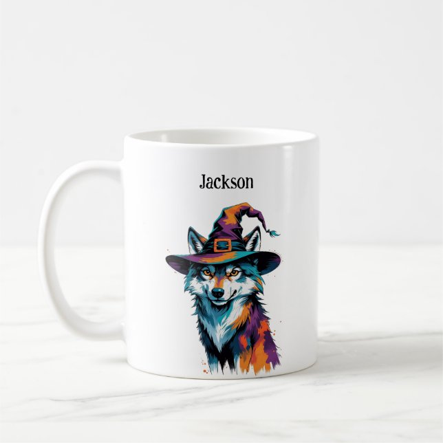 Wolf Wearing A Witch Hat Halloween  Coffee Mug (Left)