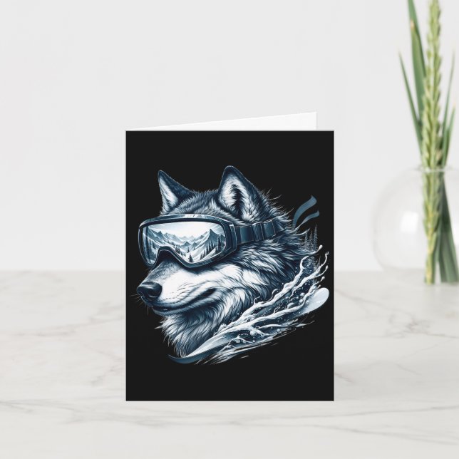 Wolf wearing ski snowboard goggles wolf skiing  card (Front)