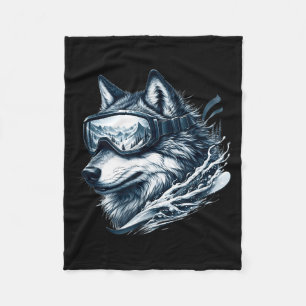 Wolf wearing ski snowboard goggles wolf skiing fleece blanket