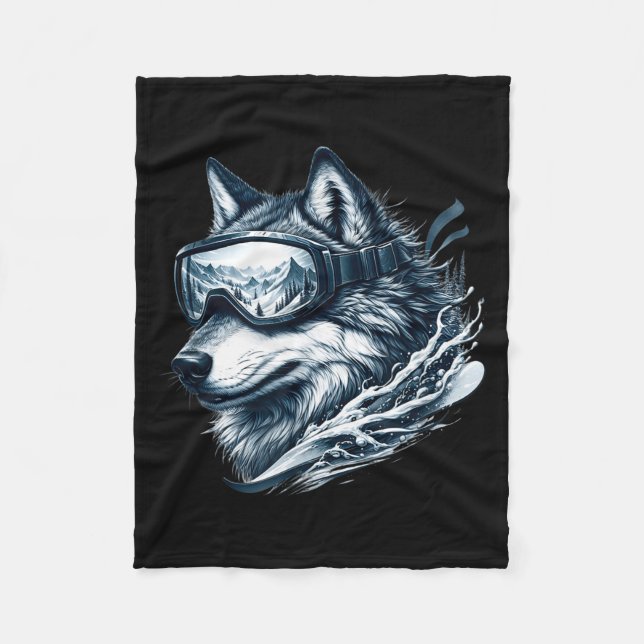 Wolf wearing ski snowboard goggles wolf skiing  fleece blanket (Front)