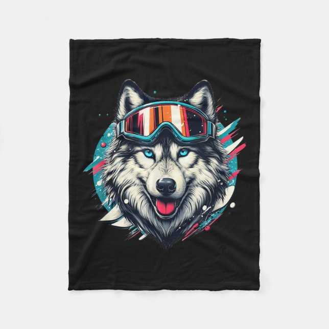 Wolf Wearing Ski Snowboard Goggles Wolf Skiing Lov Fleece Blanket (Front)