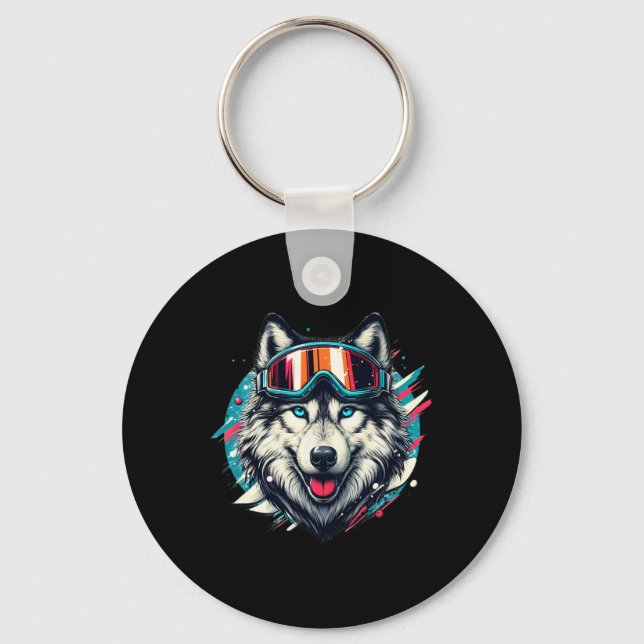 Wolf Wearing Ski Snowboard Goggles Wolf Skiing Lov Key Ring (Front)