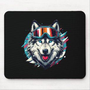 Wolf wearing ski snowboard goggles wolf skiing mouse pad