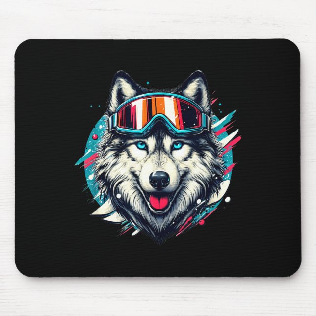 Wolf wearing ski snowboard goggles wolf skiing mouse pad (Front)