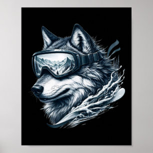Wolf Wearing Ski Snowboard Goggles Wolf Skiing Poster