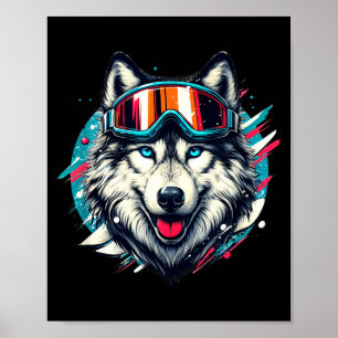 Wolf wearing ski snowboard goggles wolf skiing poster