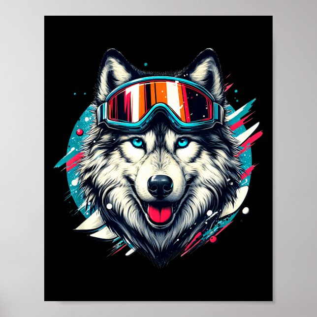 Wolf wearing ski snowboard goggles wolf skiing poster (Front)