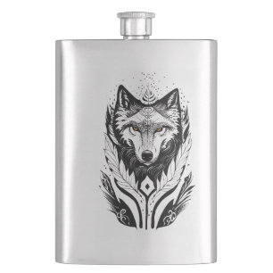 Wolf Wild Animal Nature Illustration Art Tattoo Hip Flask