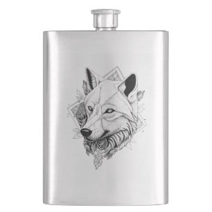 Wolf Wild Animal Nature Illustration Art Tattoo Hip Flask