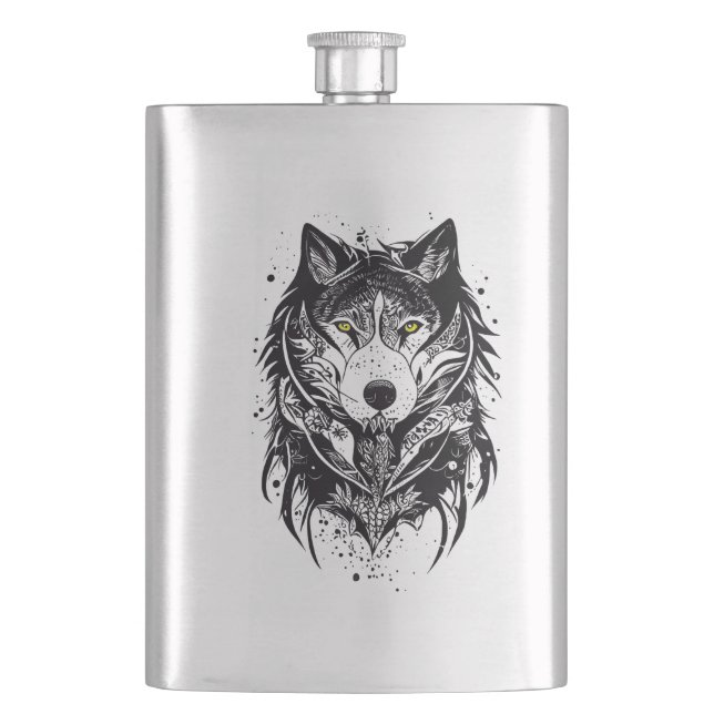 Wolf Wild Animal Nature Illustration Art Tattoo Hip Flask (Front)
