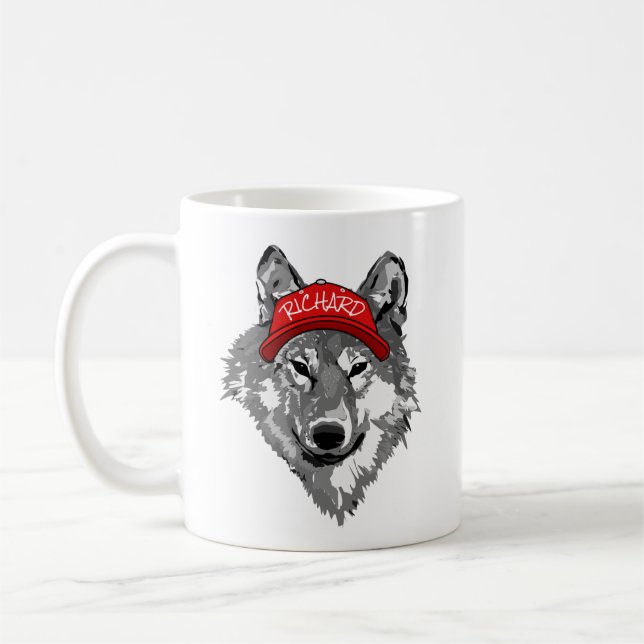 Wolf Wildlife Red Baseball Cap Partner Name Coffee Mug (Left)