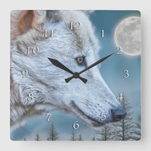 WOLF WINTER FULL MOON RISING SQUARE WALL CLOCK