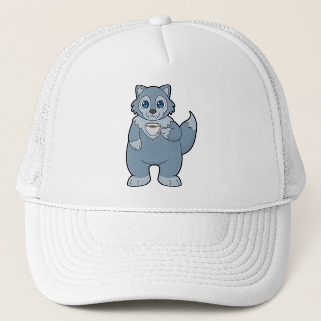 Wolf with Cup of Coffee Trucker Hat (Front)