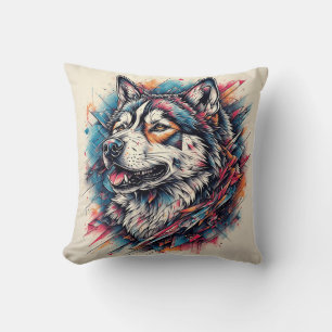 Wolf with Geometric Elements and Vibrant Colours Cushion