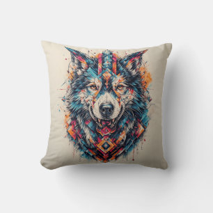 Wolf with Geometric Elements and Vibrant Colours Cushion