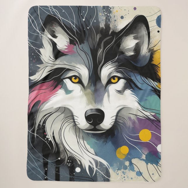 Wolf with Paint Splatter Sherpa Blanket (Front)