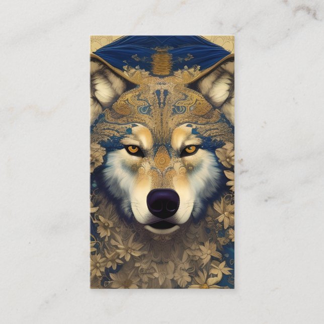 Wolf with Starry Eyes in Blue and Gold Patterns Calling Card (Front)