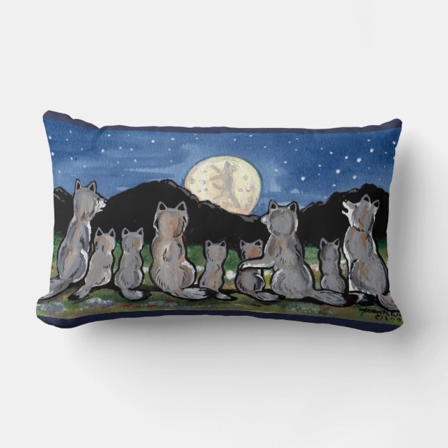 Wolf Wolves Howling at Moon Night Designer Pillow (Front)